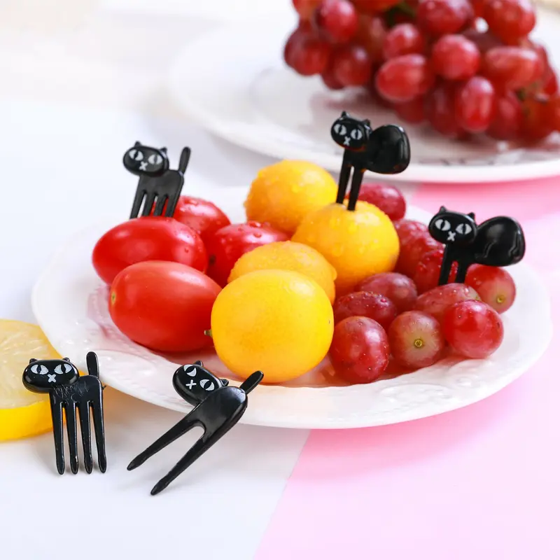 Lot de 6 Mini fourchette à fruit, cures dents décoratifs petits chats noirs